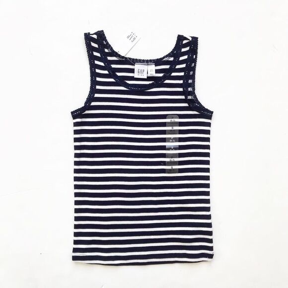 Gapkids NWT navy/white stripe lace hem tank S/6-7Y - Picture 1 of 4